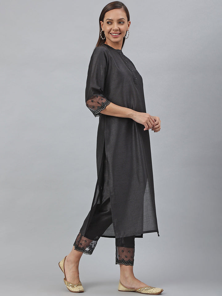 Black Poly Silk Solid Kurta & Pant Set