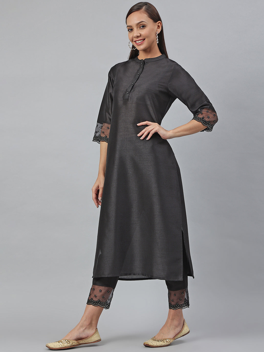 Black Poly Silk Solid Kurta & Pant Set