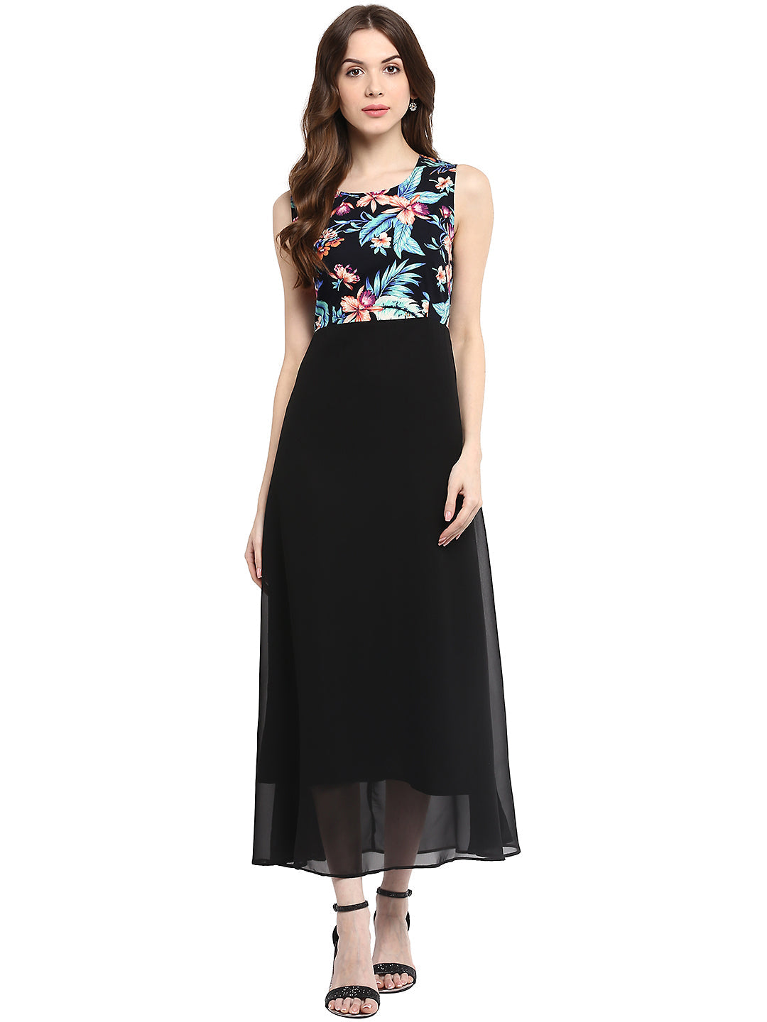 Black-Polyester-Floral-Printed-Maxi-Dress