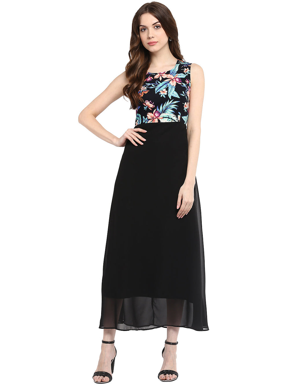 Black-Polyester-Floral-Printed-Maxi-Dress