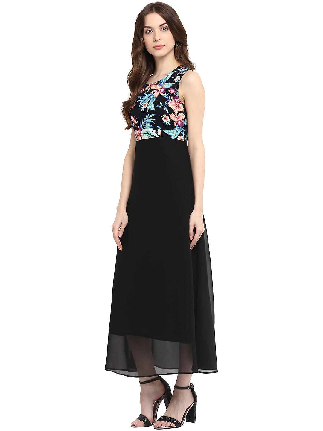 Black-Polyester-Floral-Printed-Maxi-Dress