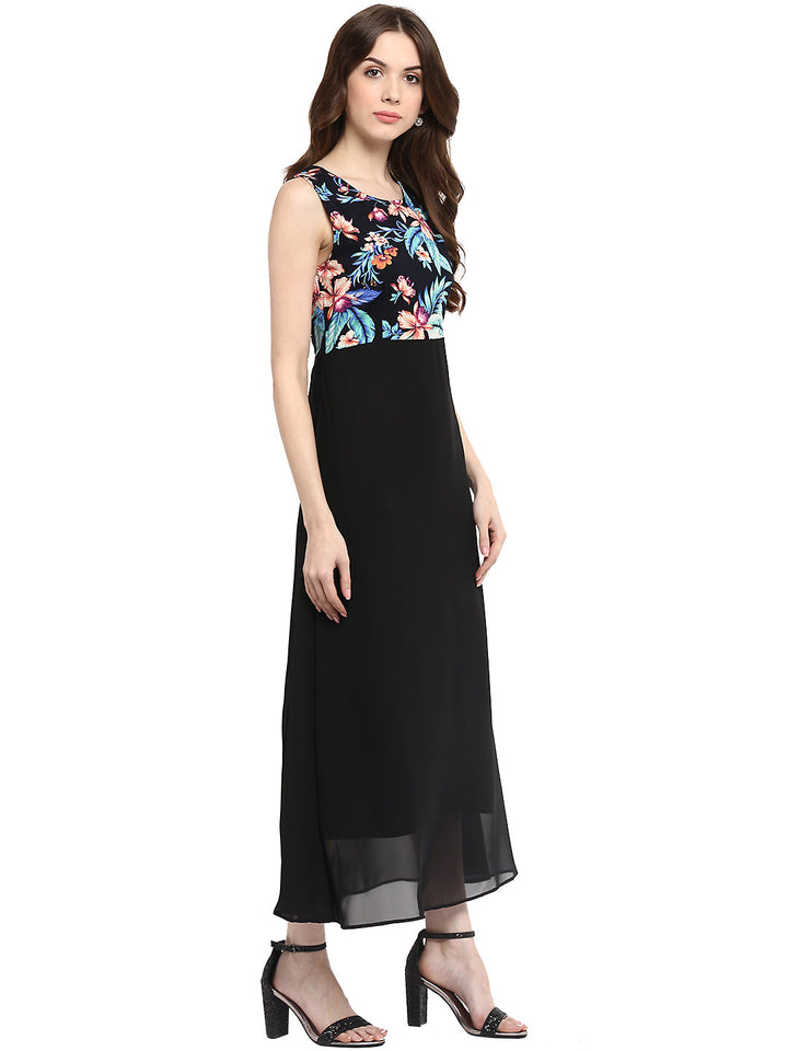 Black-Polyester-Floral-Printed-Maxi-Dress