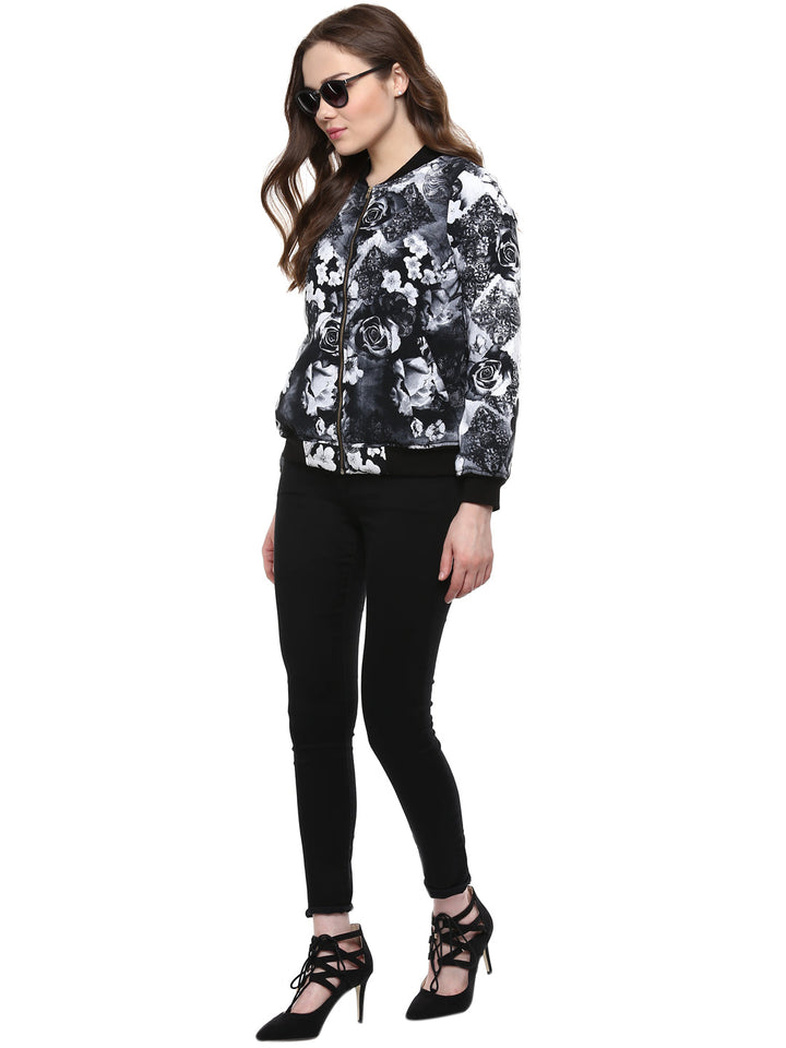 Black-Polyester-Floral-Print-Bomber-Jacket