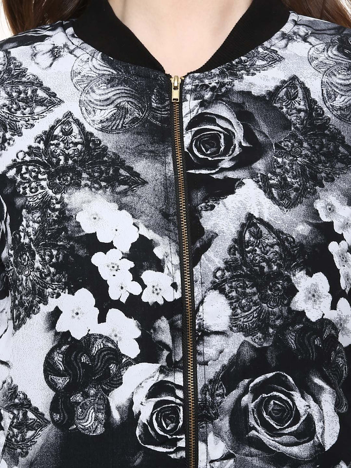 Black-Polyester-Floral-Print-Bomber-Jacket