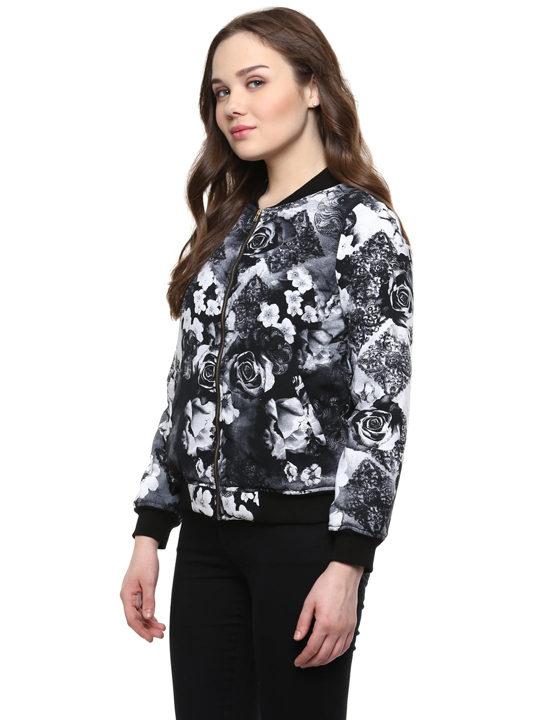 Black-Polyester-Floral-Print-Bomber-Jacket