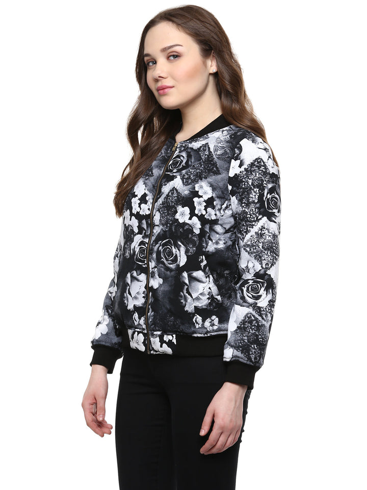 Black-Polyester-Floral-Print-Bomber-Jacket