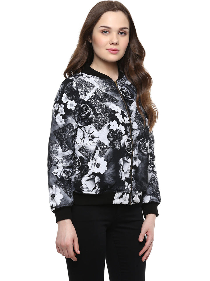 Black-Polyester-Floral-Print-Bomber-Jacket