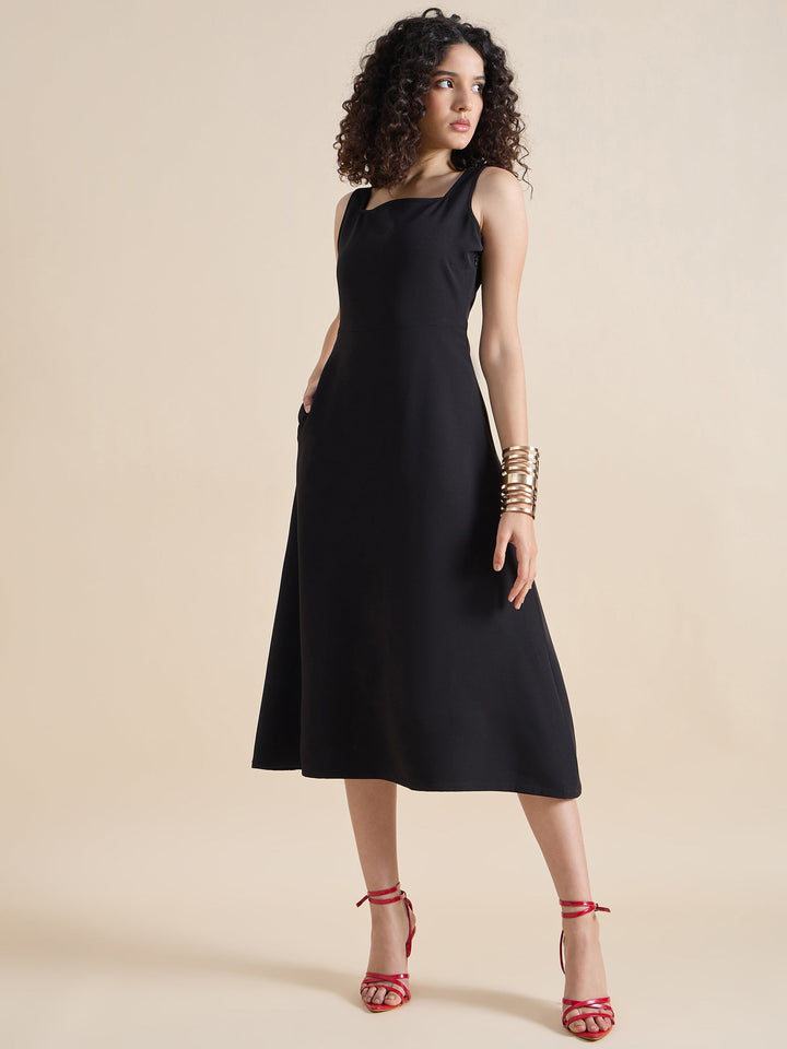 Black-Polyester-Square-Neck-Fit-&-Flare-Midi-Dress