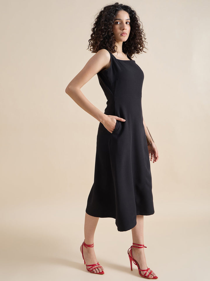 Black-Polyester-Square-Neck-Fit-&-Flare-Midi-Dress