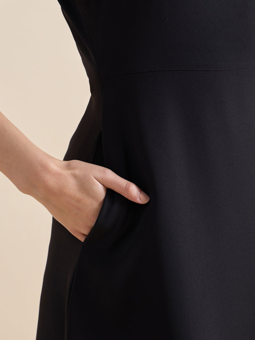 Black-Polyester-Square-Neck-Fit-&-Flare-Midi-Dress
