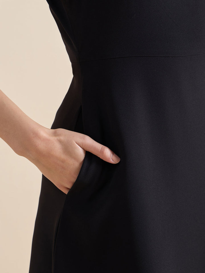 Black-Polyester-Square-Neck-Fit-&-Flare-Midi-Dress
