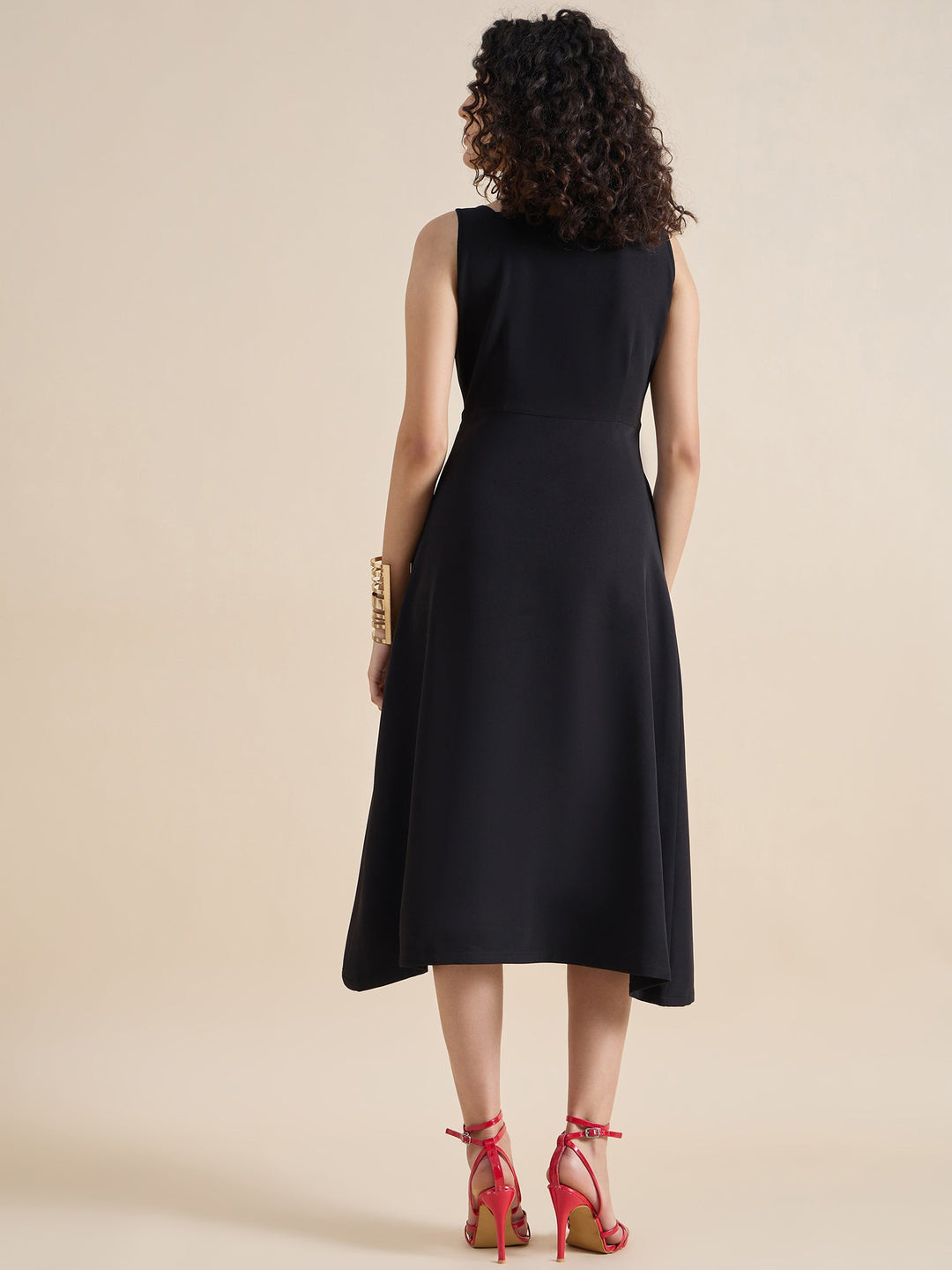 Black-Polyester-Square-Neck-Fit-&-Flare-Midi-Dress