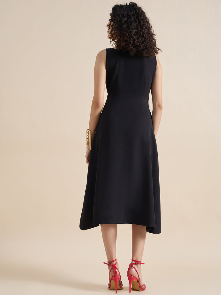 Black-Polyester-Square-Neck-Fit-&-Flare-Midi-Dress