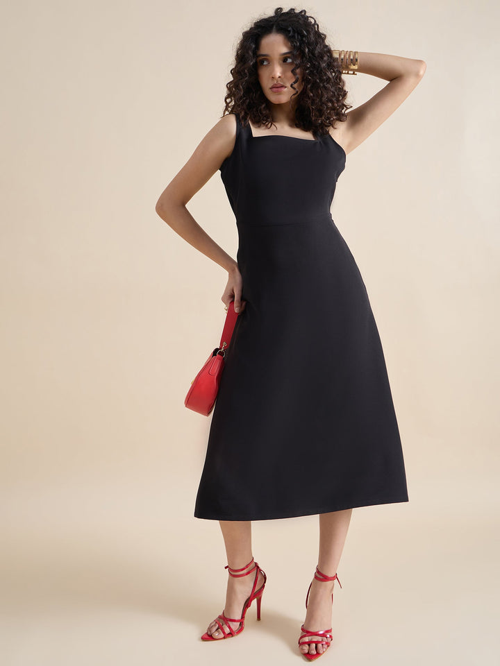 Black-Polyester-Square-Neck-Fit-&-Flare-Midi-Dress