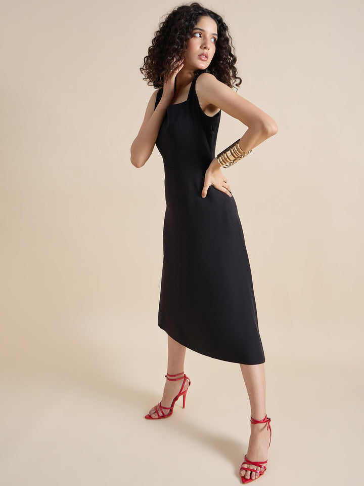 Black-Polyester-Square-Neck-Fit-&-Flare-Midi-Dress