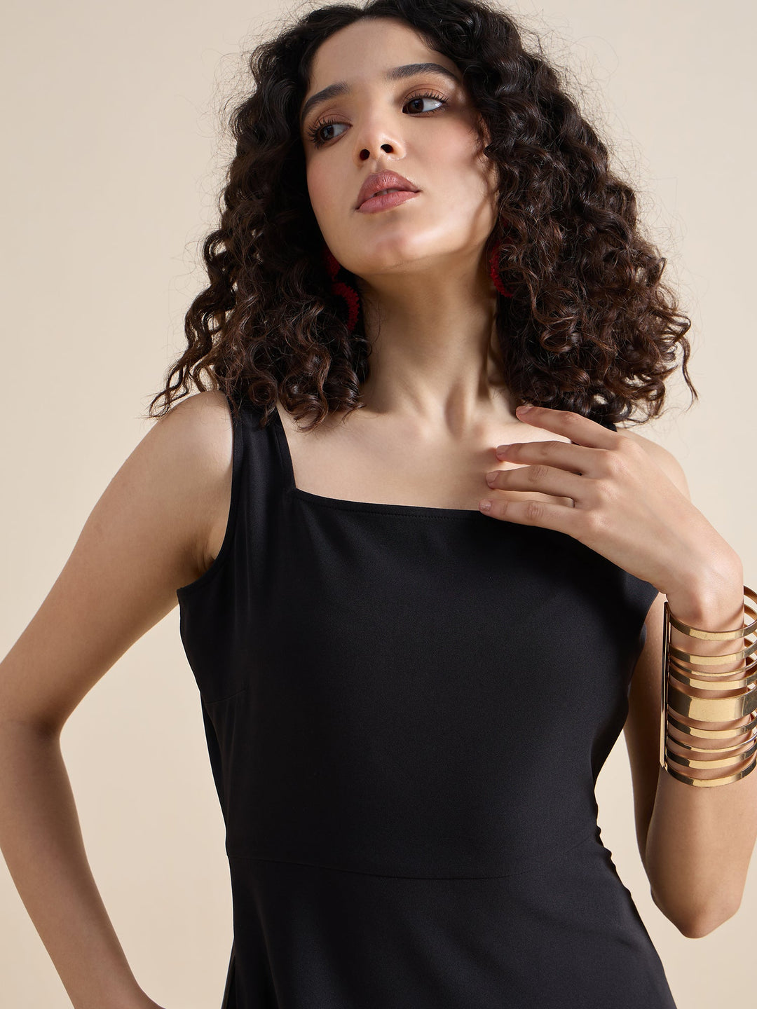 Black-Polyester-Square-Neck-Fit-&-Flare-Midi-Dress