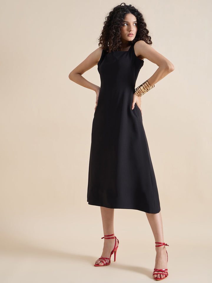 Black-Polyester-Square-Neck-Fit-&-Flare-Midi-Dress