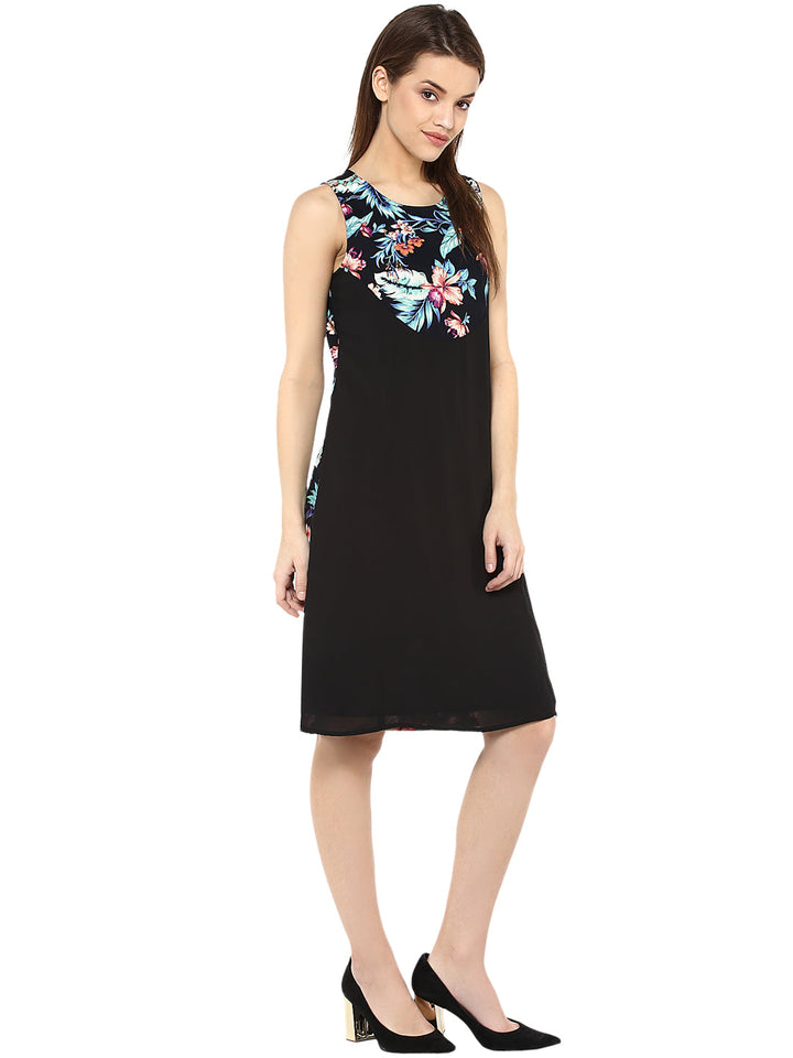 Black-Polyester-Tropical-Printed-Dress