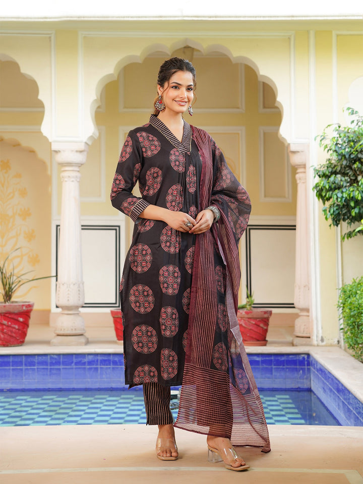 Black-Rayon-Blend-Ajrakh-Printed-Straight-3-Piece-Kurta-Set