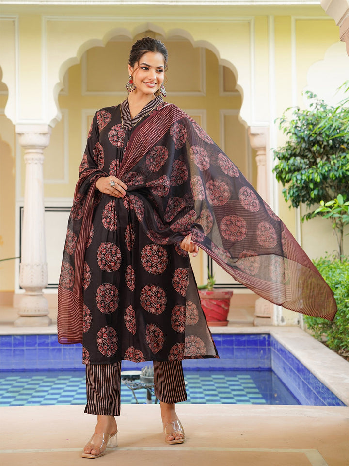 Black-Rayon-Blend-Ajrakh-Printed-Straight-3-Piece-Kurta-Set