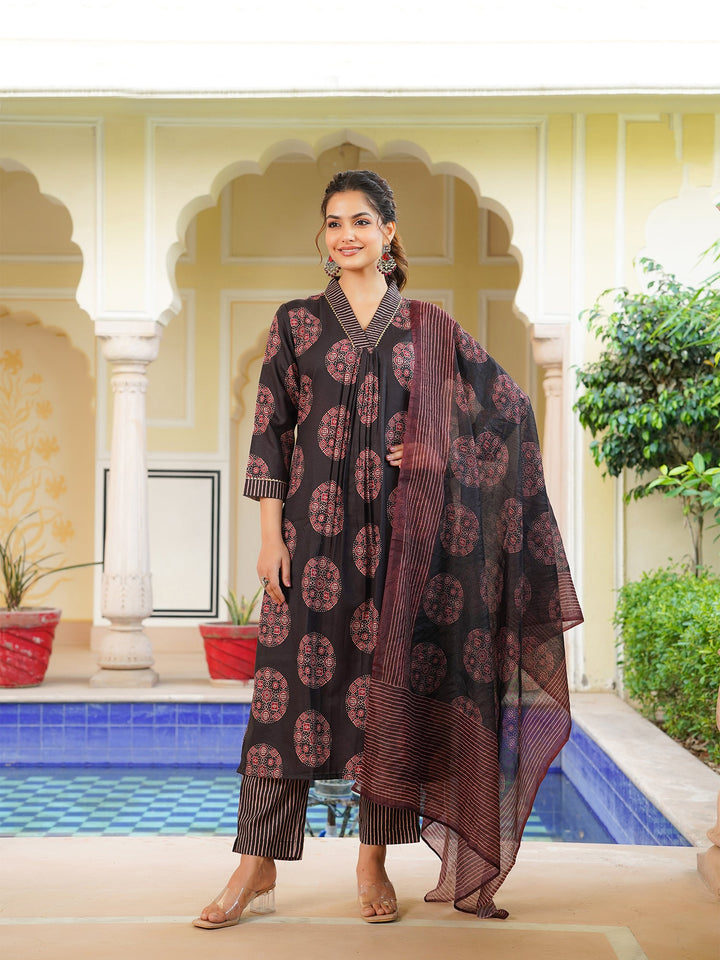 Black-Rayon-Blend-Ajrakh-Printed-Straight-3-Piece-Kurta-Set