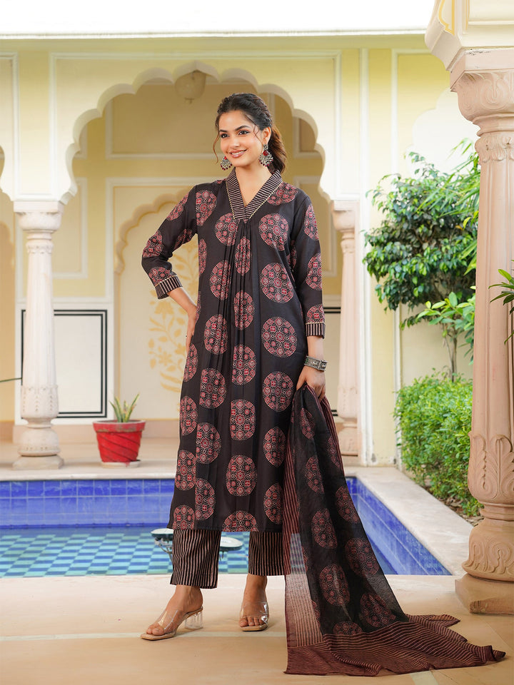 Black-Rayon-Blend-Ajrakh-Printed-Straight-3-Piece-Kurta-Set