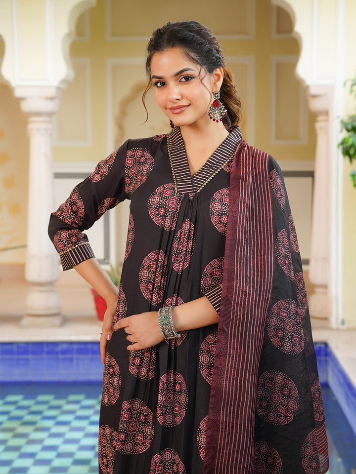 Black-Rayon-Blend-Ajrakh-Printed-Straight-3-Piece-Kurta-Set