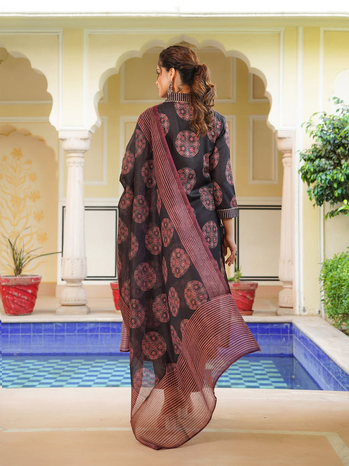 Black-Rayon-Blend-Ajrakh-Printed-Straight-3-Piece-Kurta-Set