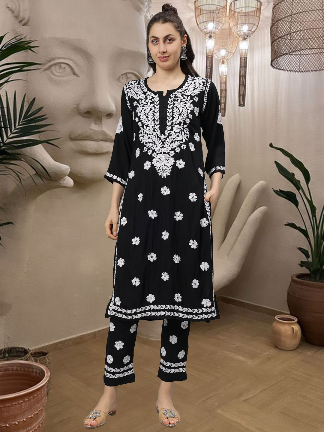 Black-Rayon-Lucknowi-Chikankari-Kurta-with-Pant-Set