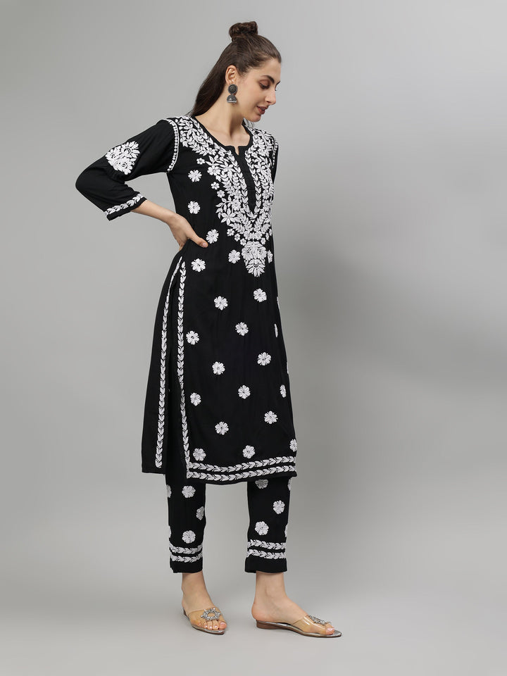 Black-Rayon-Lucknowi-Chikankari-Kurta-with-Pant-Set