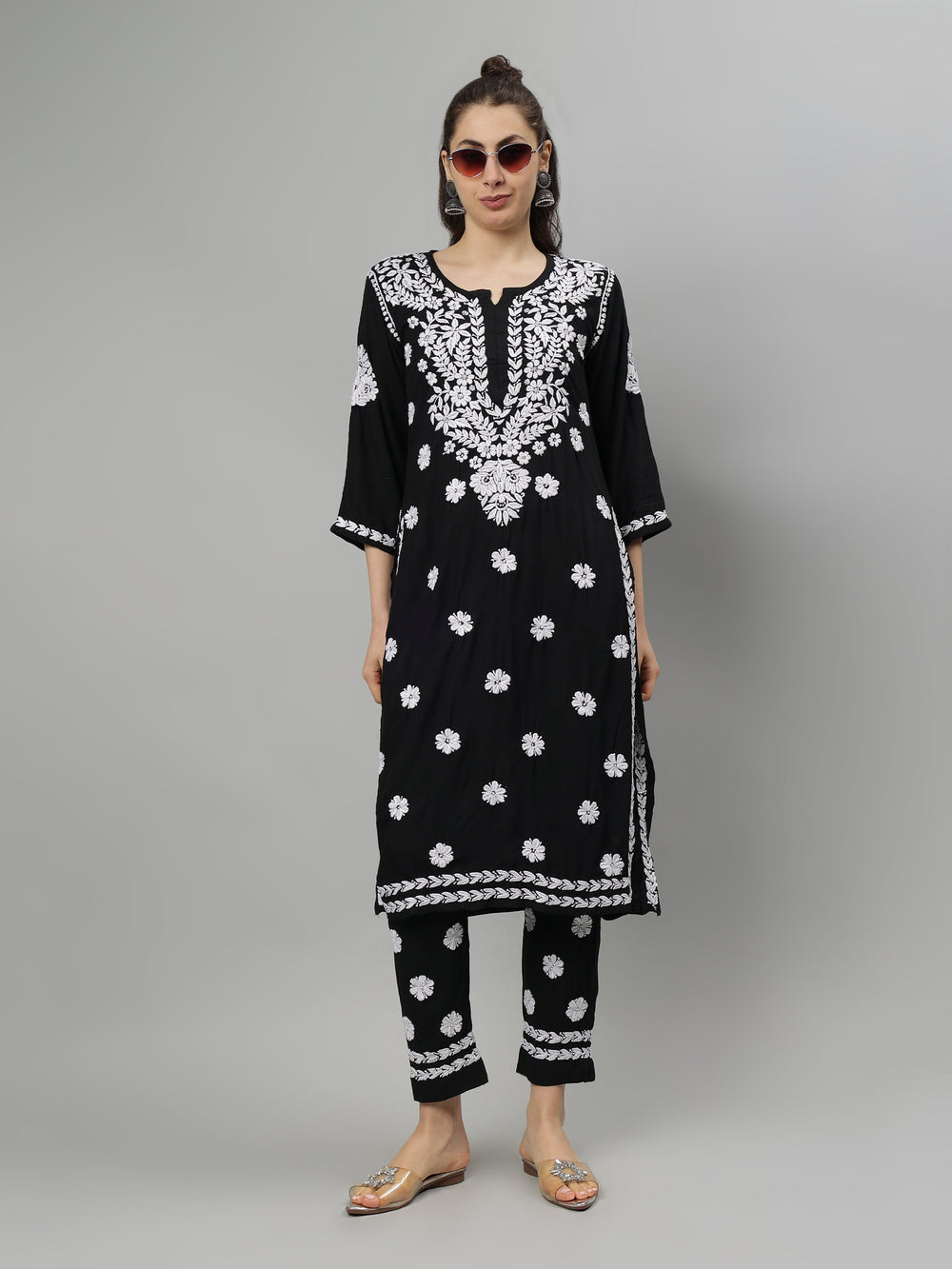 Black-Rayon-Lucknowi-Chikankari-Kurta-with-Pant-Set