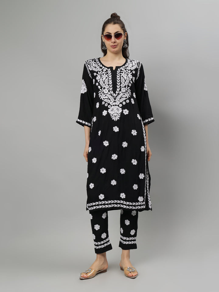Black-Rayon-Lucknowi-Chikankari-Kurta-with-Pant-Set