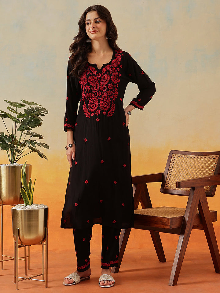 Black-&-Red-Modal-Embroidered-Straight-2-Piece-Kurta-Sets