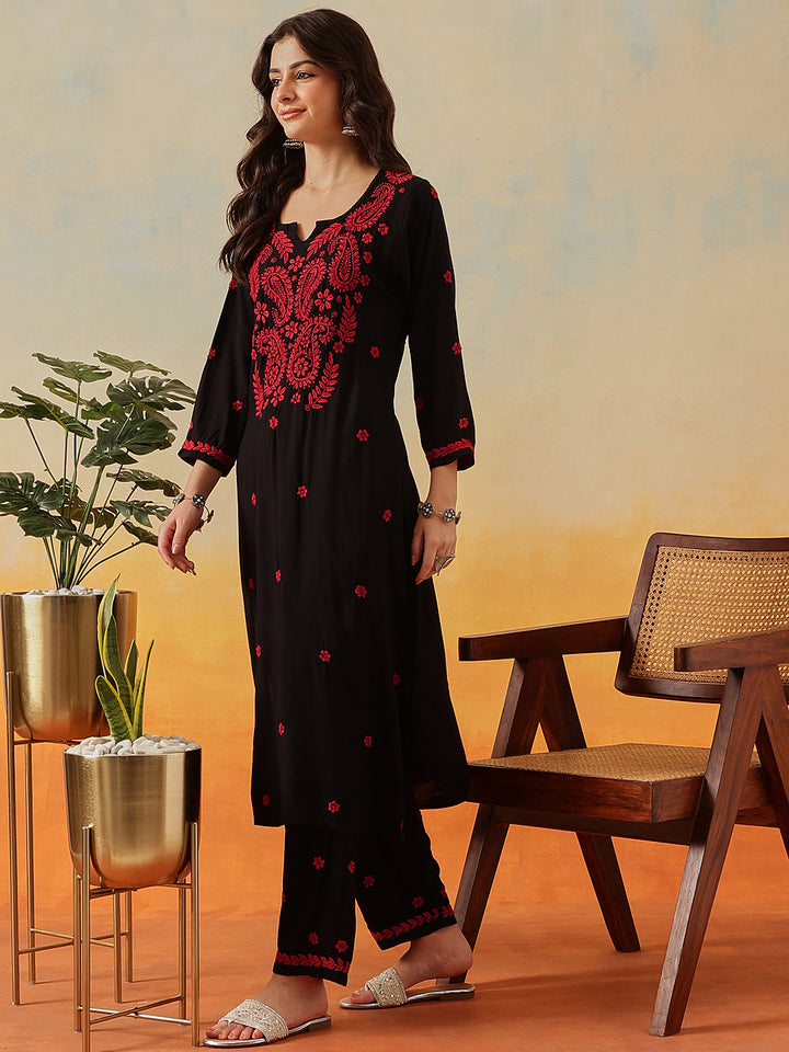 Black-&-Red-Modal-Embroidered-Straight-2-Piece-Kurta-Sets