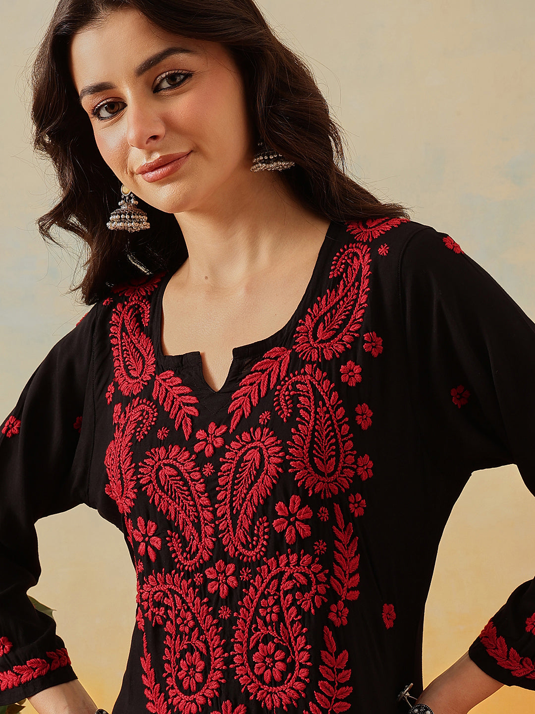 Black-&-Red-Modal-Embroidered-Straight-2-Piece-Kurta-Sets