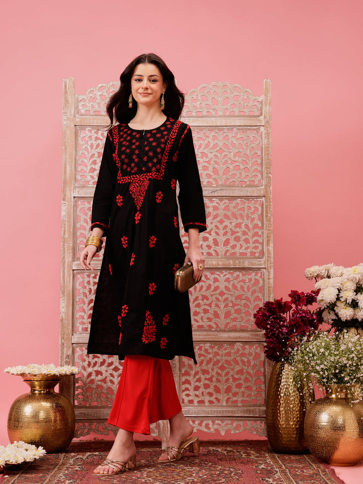Black-&-Red-Cotton-Embroidered-Chikankari-Kurta-Only