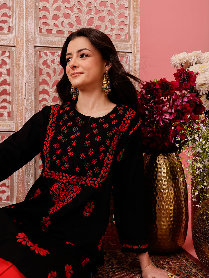 Black-&-Red-Cotton-Embroidered-Chikankari-Kurta-Only