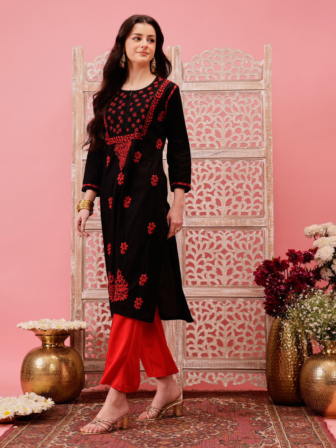 Black-&-Red-Cotton-Embroidered-Chikankari-Kurta-Only