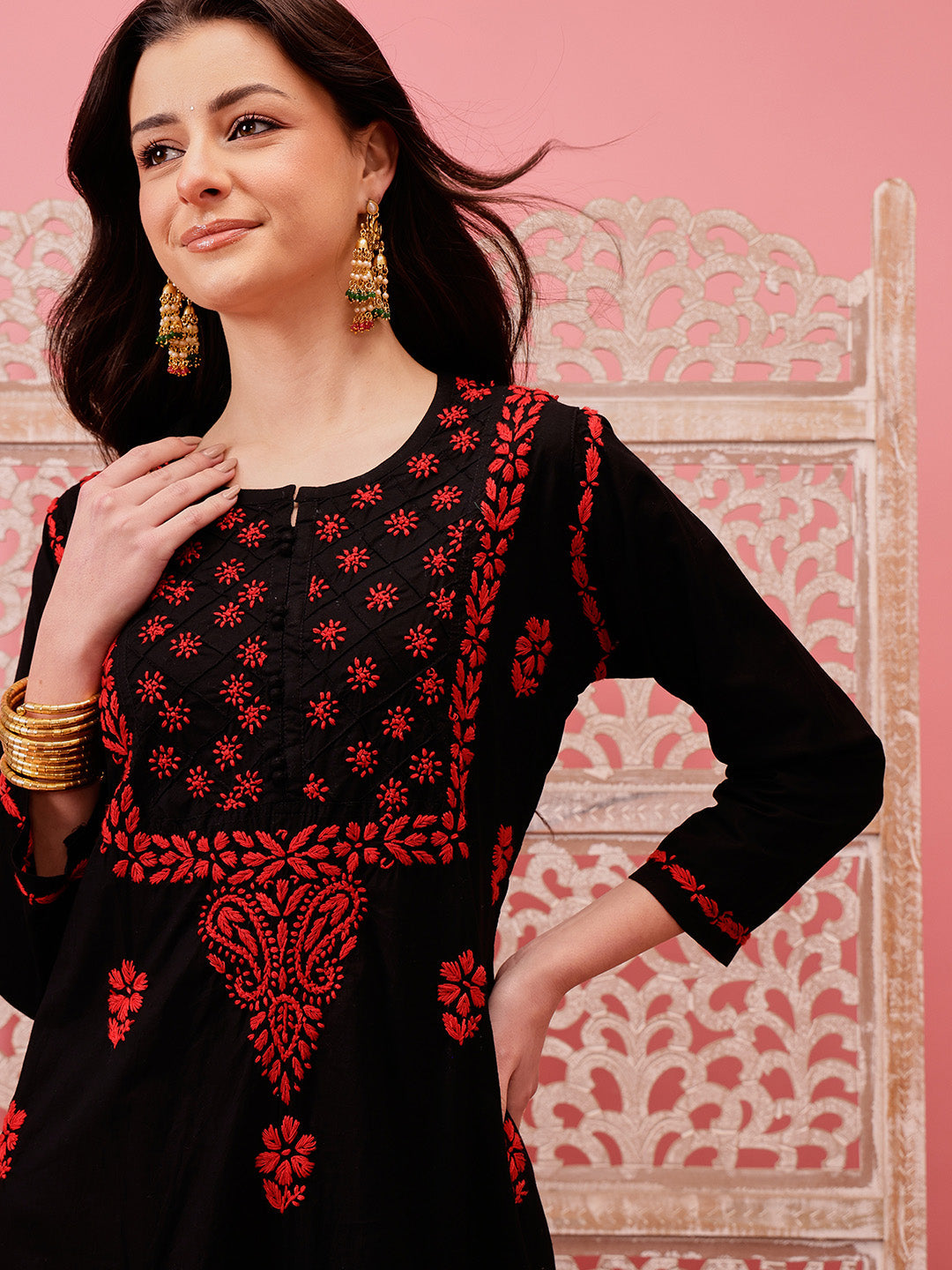 Black-&-Red-Cotton-Embroidered-Chikankari-Kurta-Only