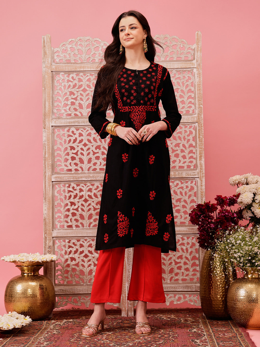 Black-&-Red-Cotton-Embroidered-Chikankari-Kurta-Only