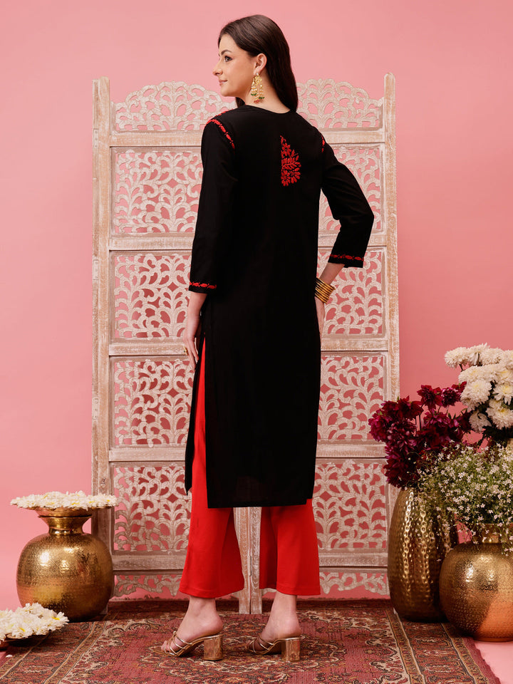 Black-&-Red-Cotton-Embroidered-Chikankari-Kurta-Only
