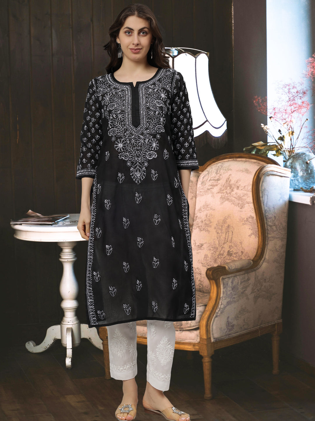 Black-Terivoil-Cotton-Embroidered-Chikankari-Kurta-Only