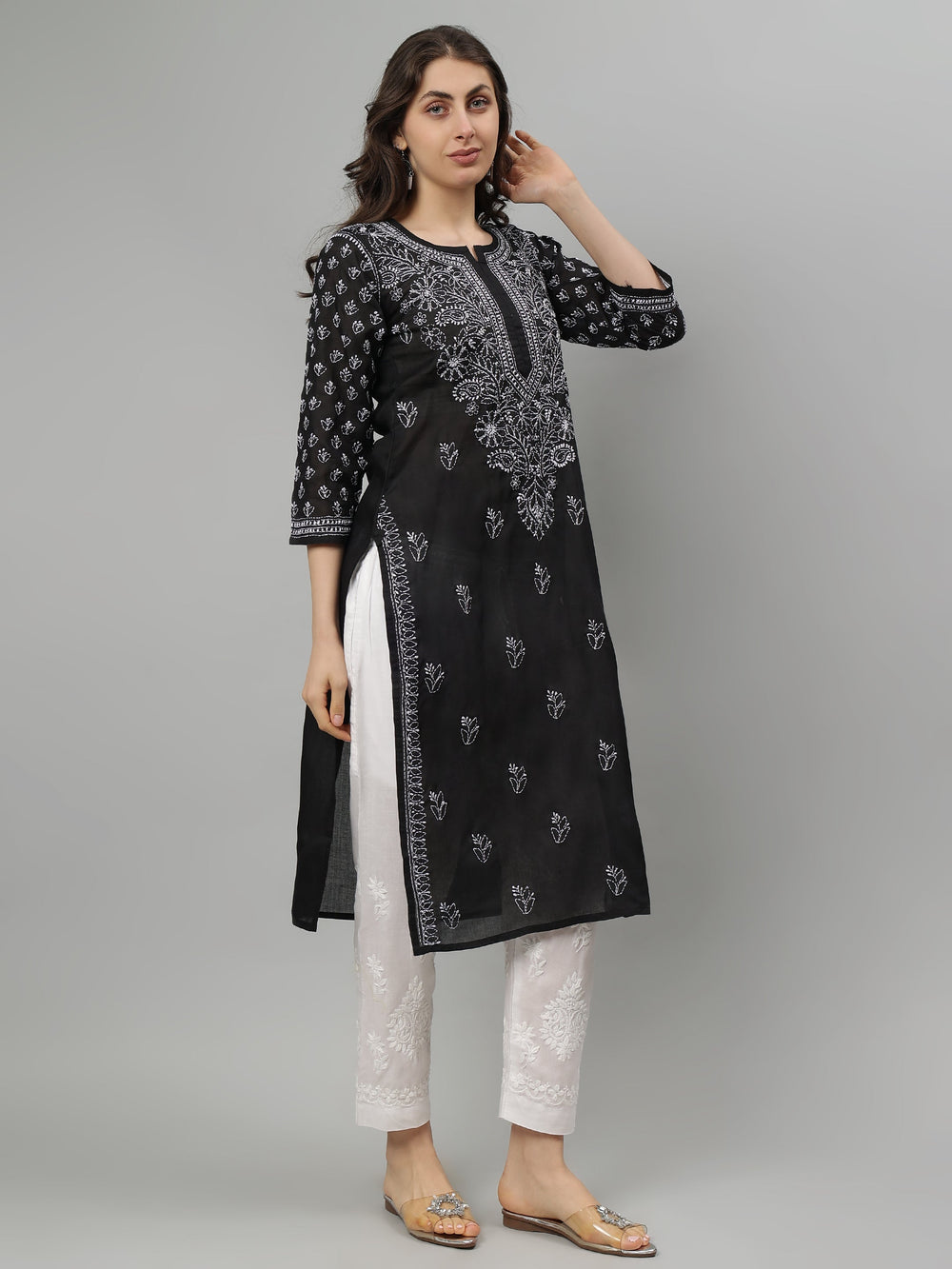 Black-Terivoil-Cotton-Embroidered-Chikankari-Kurta-Only