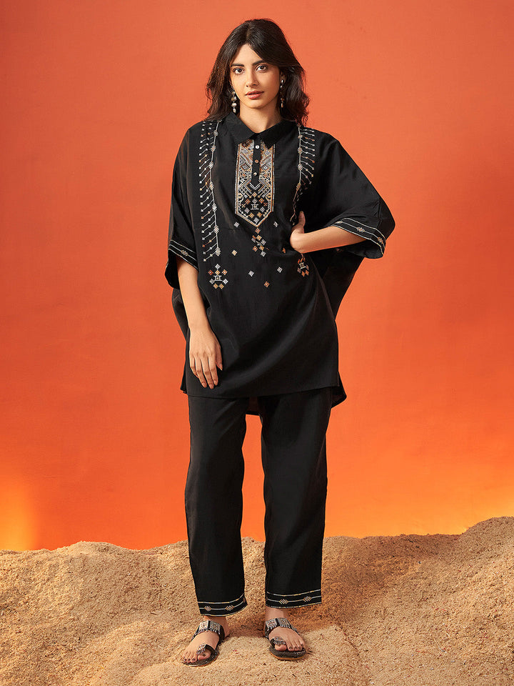 Black Viscose Embroidered Kaftan Co-Ord Set