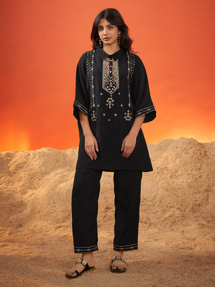 Black Viscose Embroidered Kaftan Co-Ord Set