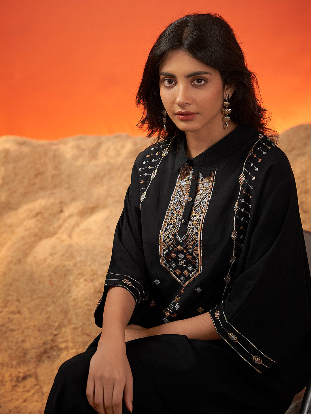 Black Viscose Embroidered Kaftan Co-Ord Set