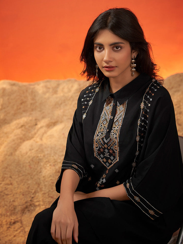 Black Viscose Embroidered Kaftan Co-Ord Set