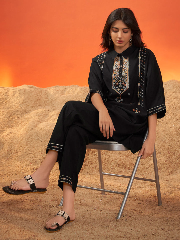 Black Viscose Embroidered Kaftan Co-Ord Set