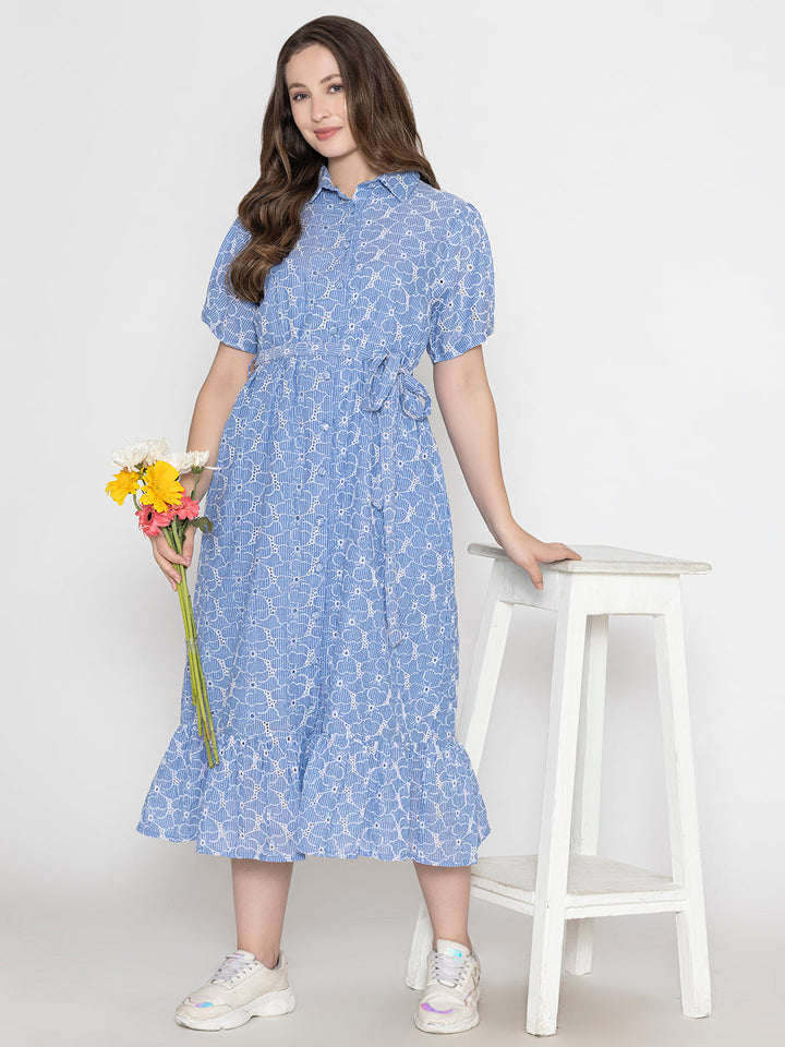 Blue-100%-Cotton-Collar-Neck-Maxi-Dress