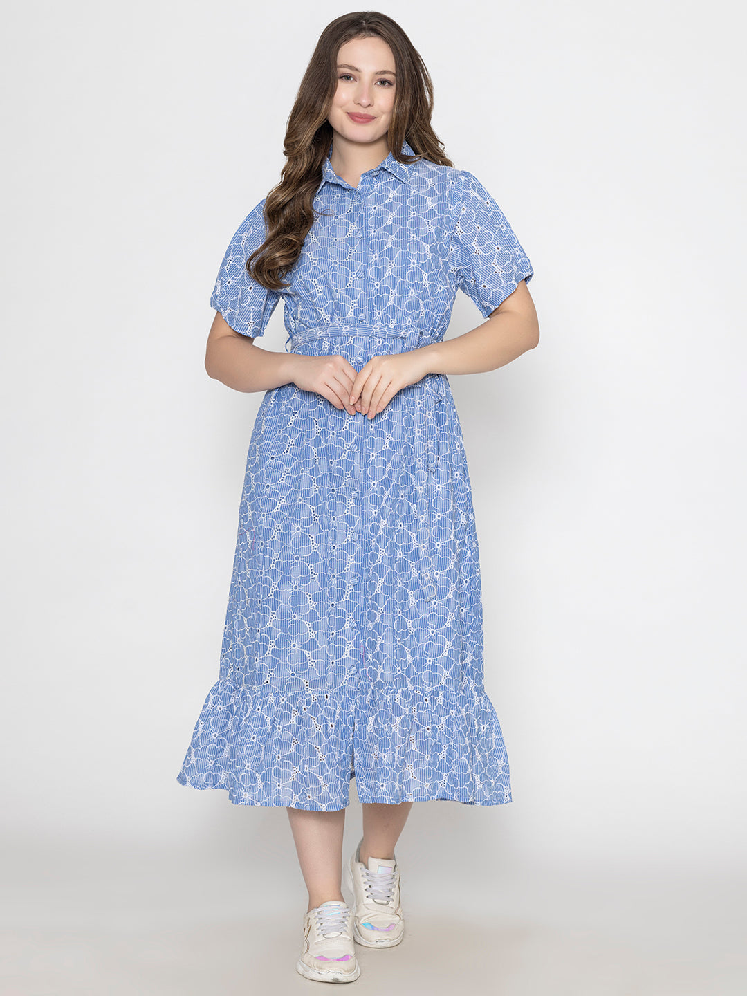 Blue-100%-Cotton-Collar-Neck-Maxi-Dress